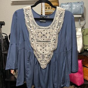 Noelle Blue Blouse with Cream Lace Accent